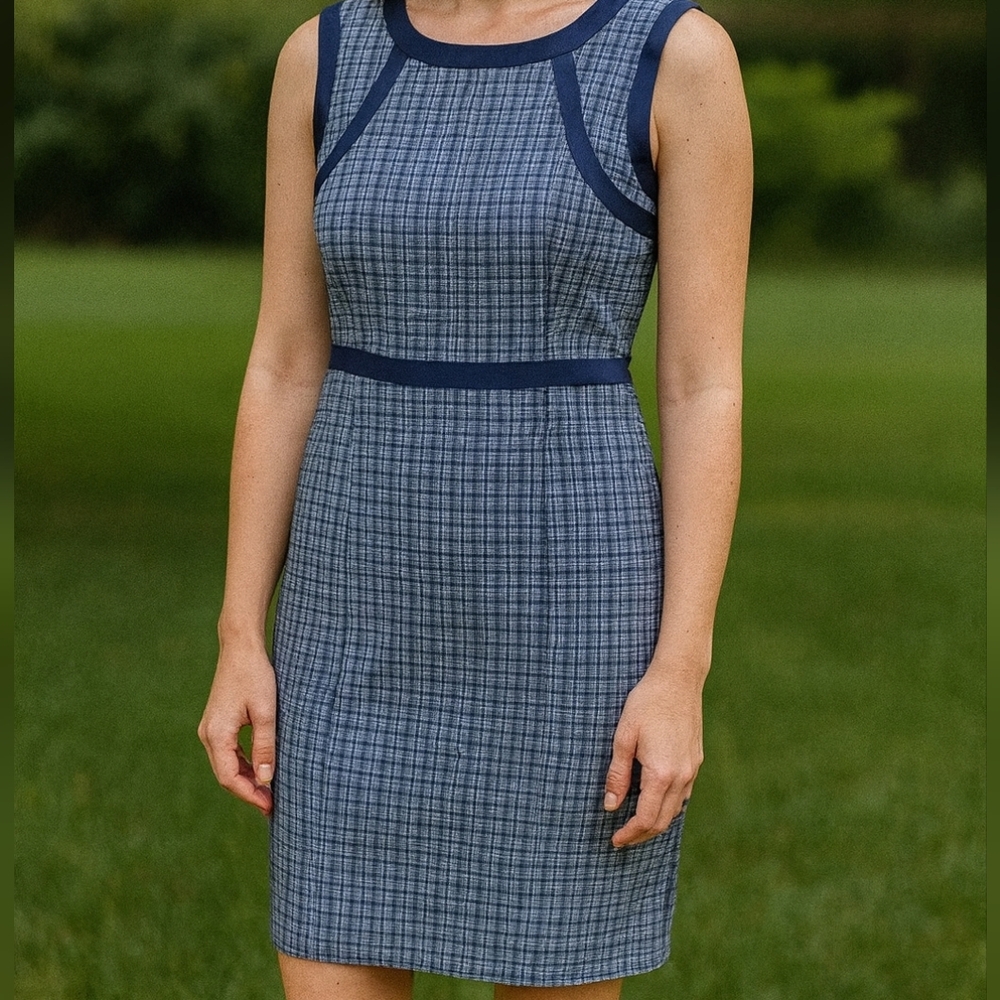 Women's Talbots Tweed Sleeveless Sheath Dress Size 8 Plaid Midi Blue Multicolor